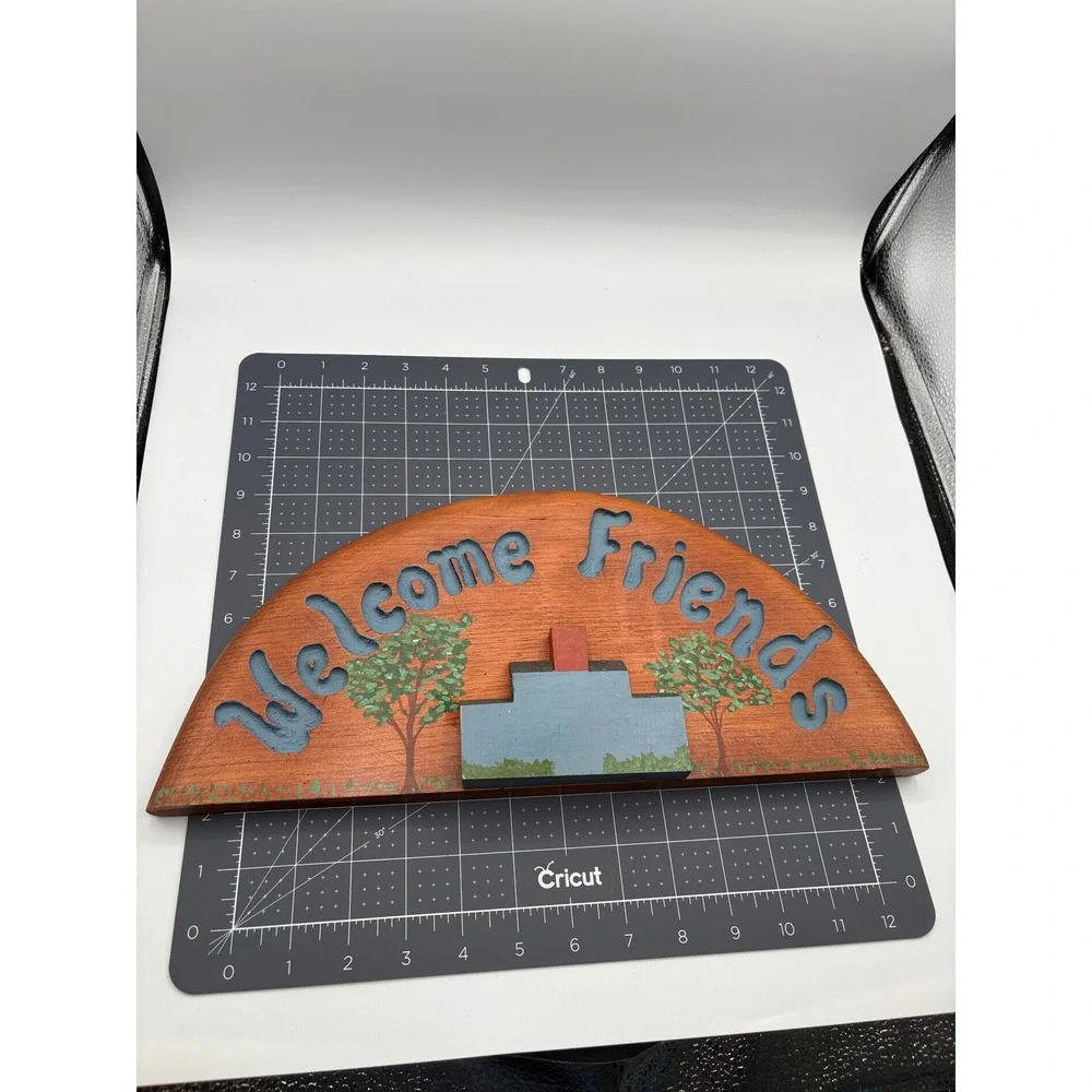 Vintage Rustic Wooden Welcome Friends Wall Sign Hand Painted Folk Art Plaque